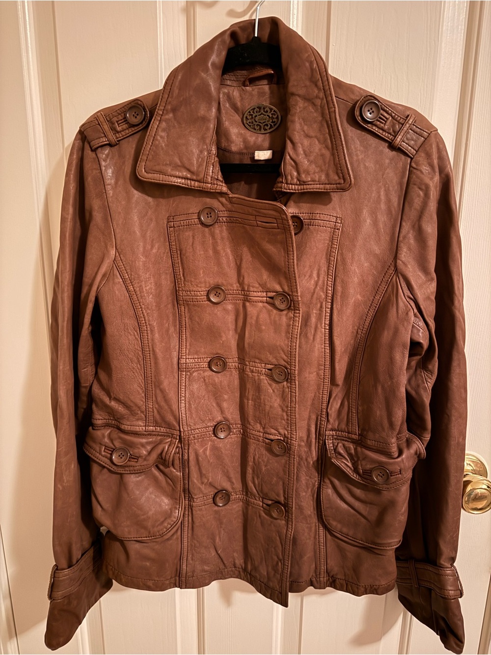 Women's Brown Double-Breasted Leather Jacket — Classic Button-Front